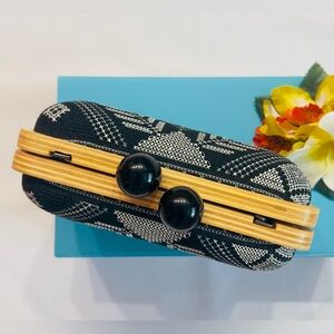 CLUTCH ~ Black and Tan Clutch/Crossbody with Geometric Pattern and Wooden Trim